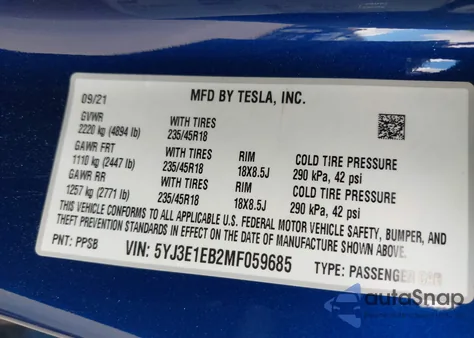 2021 Tesla Model 3 Long Range Dual Motor All-Wheel Drive из США, поврежденный, VIN 5YJ3E1EB2MF059685